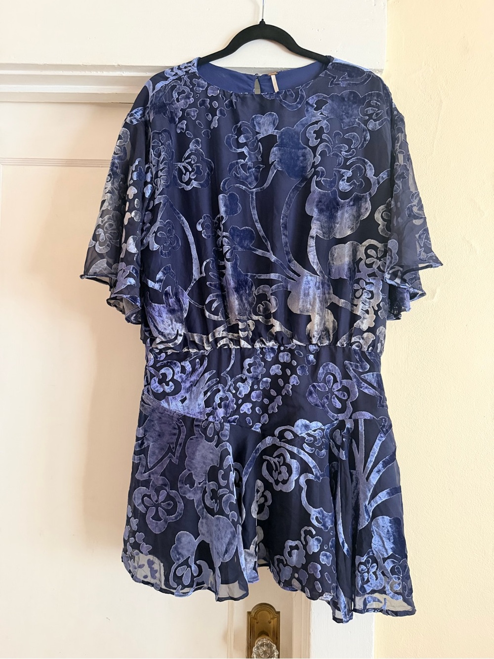 Free People Dark Tropics Burnout Velvet Mini Dress Navy Blue Floral Size L
